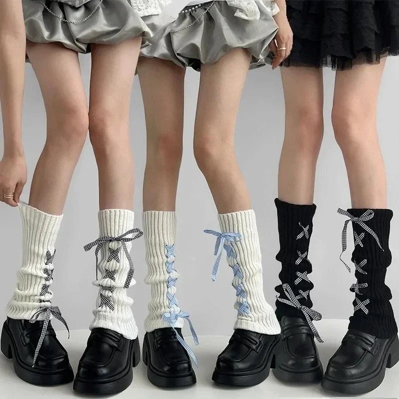 Women Cute Cross Bowknot Lace-up Leg Warmers Y2k Lolita Ballet Style Subculture Knitted Fabric Slimming Warm Slouchy Sock Covers