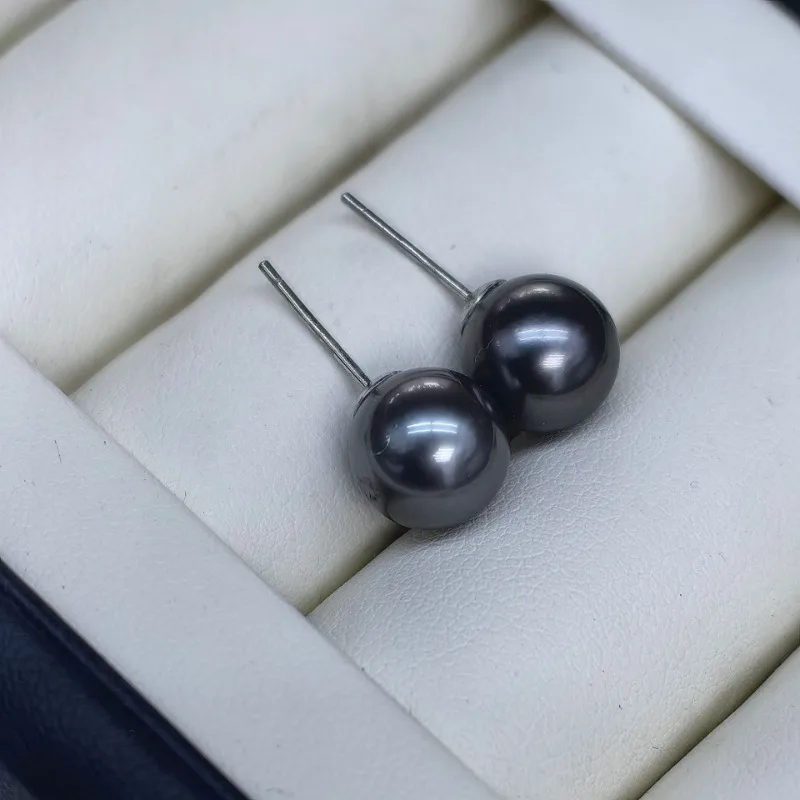 

Elegant Earrings 8-9mm Natural Sea Round Black Pearls Stud Earrings Free Shipping for Women Classic Fine Jewelry