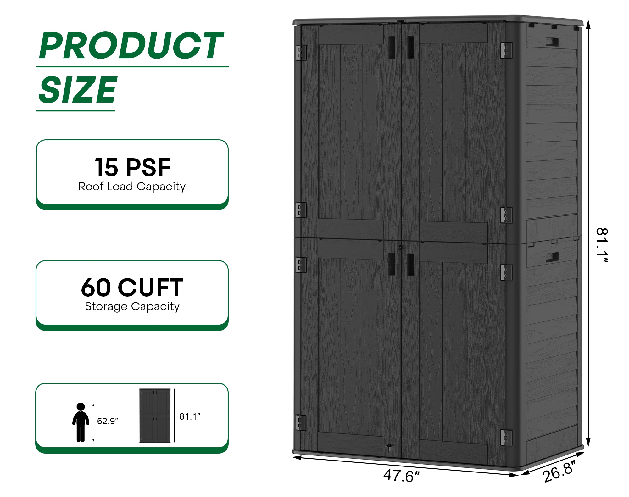 Vertical Outdoor Storage Shed, 60 Cu.Ft Waterproof Resin Storage Cabinet with Floor,Lockable Doors,For Lawn Mower & Garden Tools, Black/Khaki