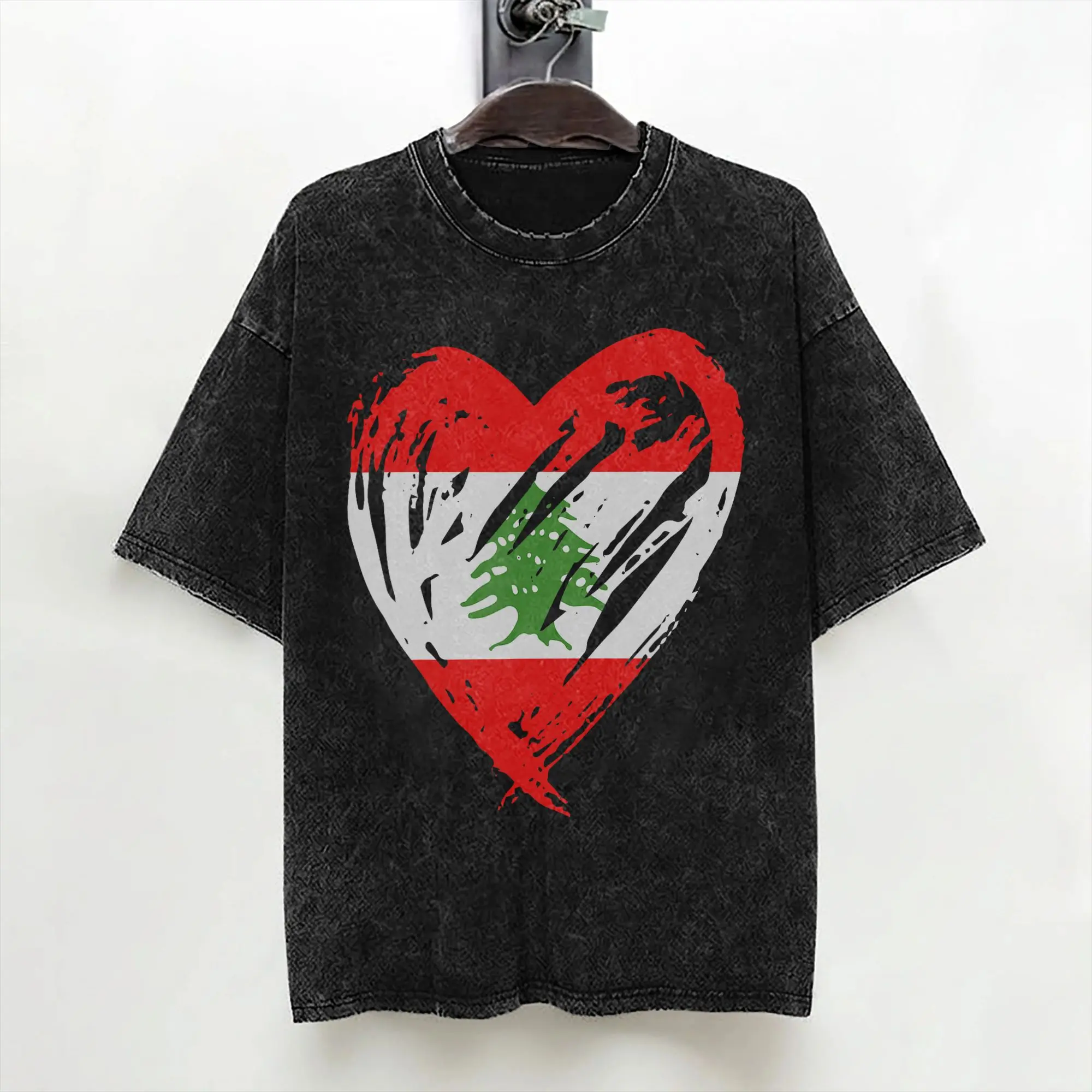 Lebanon Flag Heart T Shirts Washed Short Sleeve Harajuku T-Shirts  Fashion for Men Women Streetwear Printed Tee Shirt