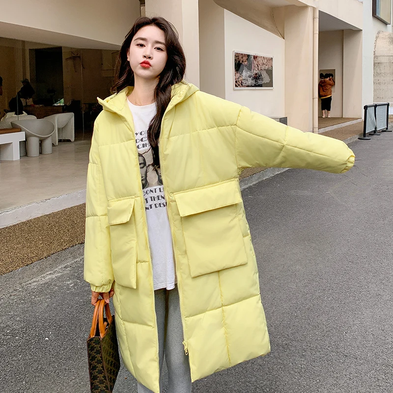 

Milk Yellow Down Cotton Coats Women's 2024Winter New Korean Loose Parka Long Cotton Outwear Hooded Waterproof Thick Warm Jackets