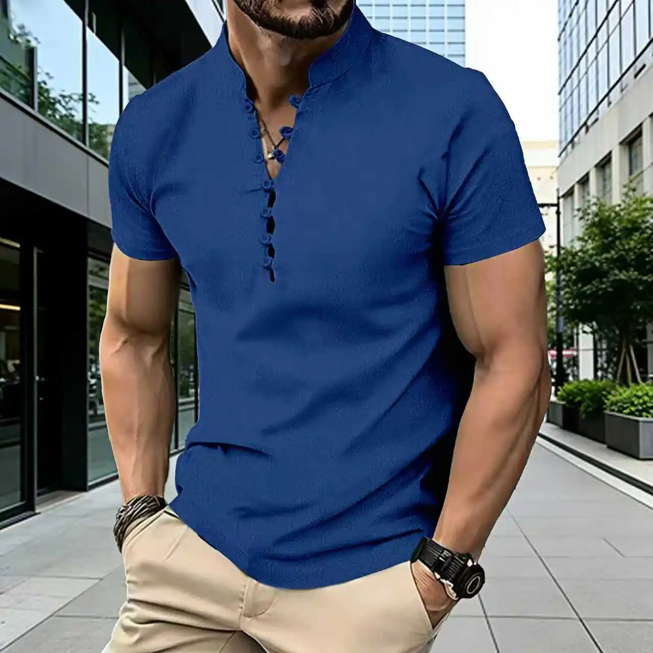Summer men's new cotton and linen pure color casual and simple style, breathable, easy to dry, sweat-absorbing short sleeves