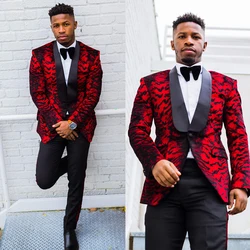 Fashion Red Men Suits Tuxedo Shawl Lapel One Button Customized 2 Pieces Vivid Blazer Pants Tailored Handsome Groom Party