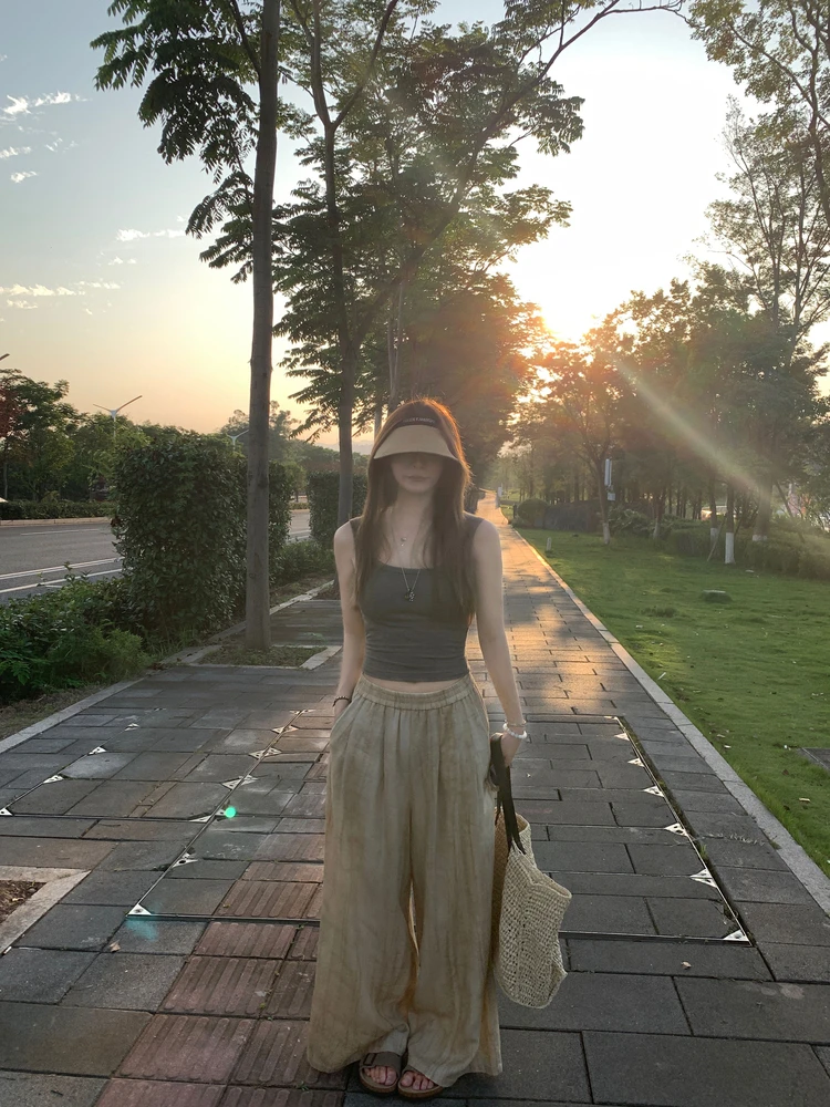 

G July Tie Dye Willow Trunk Pants Women's Summer Wide Leg Linen Loose Fit Straight Cut Long Casual Trousers