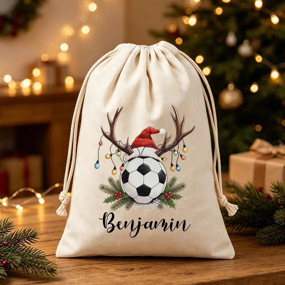 1Pc Custom Name/Text Football-Themed Christmas Imitation Hemp Gift Bag, Xmas Drawstring Closure Storage Bags, Party Candy Bag