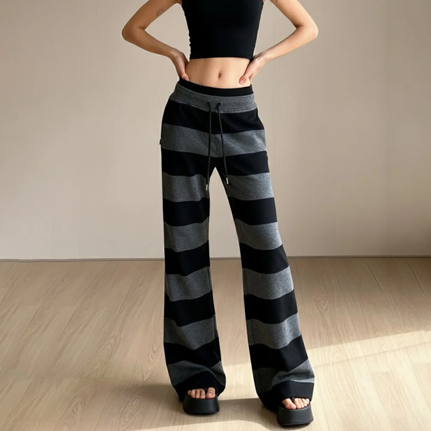 原宿ストライプ女性パンツヴィンテージストリートウェアレースアップカジュアルワイドレッグパンツ韓国 Y2K ルーズ秋冬ストレートスウェットパンツ