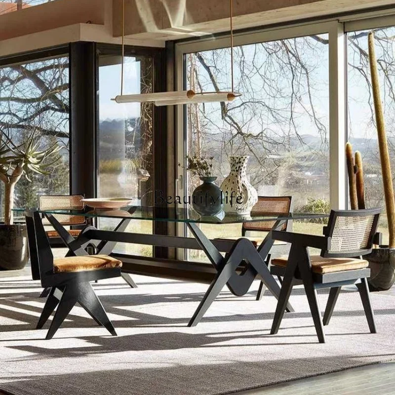 05-Escritório italiano grande mesa de jantar retangular de madeira maciça de vidro plano