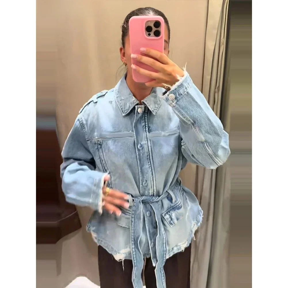 

Women's Denim Jaet with Belt Lace up Full Sve Lapel Fem Coat Cleanfit Sle Winter Collection 00% Other Material