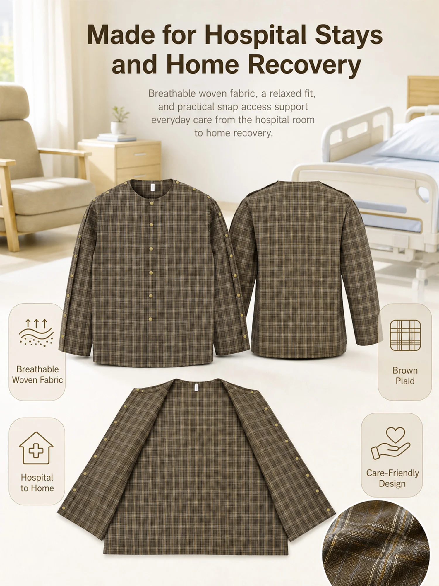 Men Post Fracture Surgery Adaptive Shirts Top Long Sleeve Tear Away Recovery Shirt for Home Hospital Casual Shirts & Blouses Top