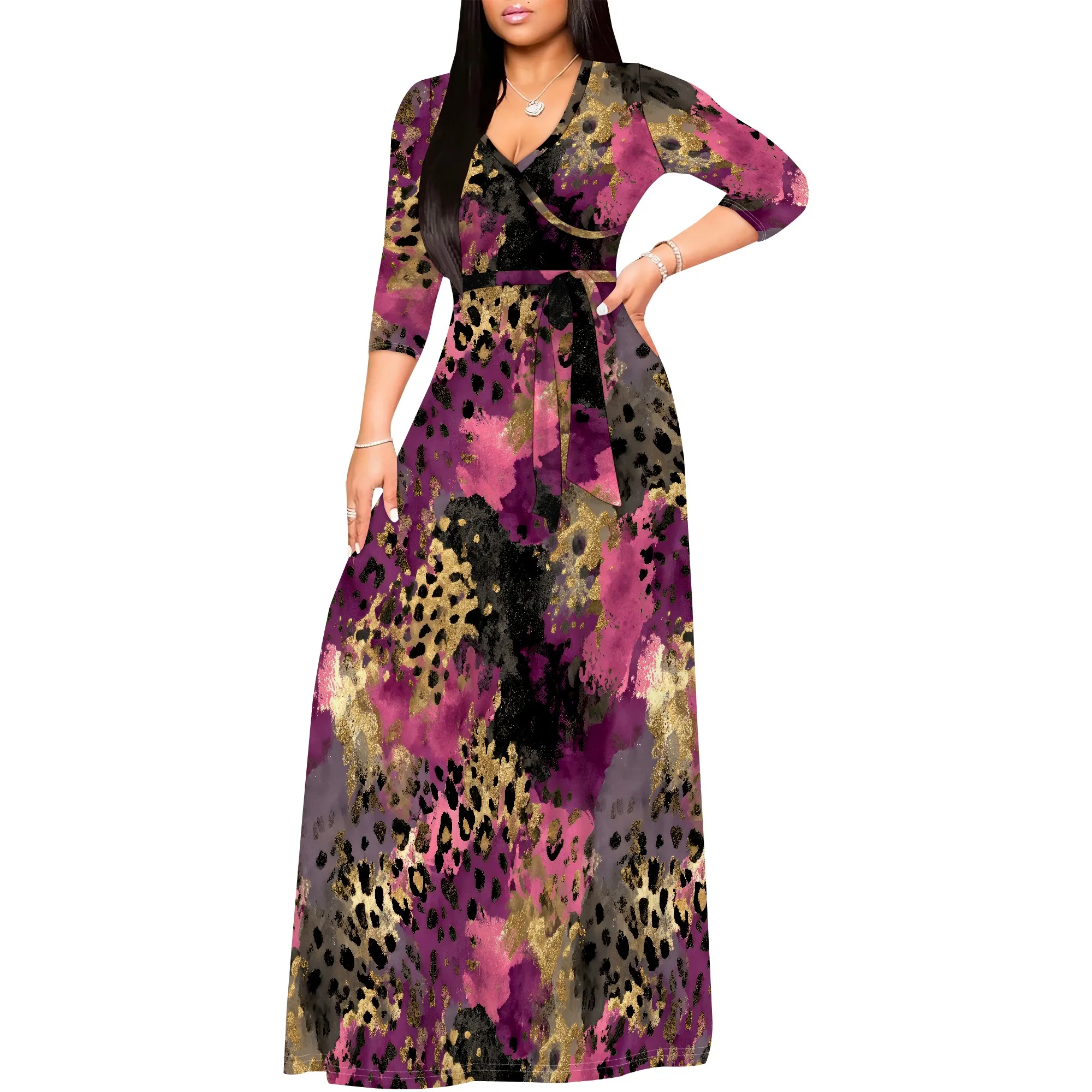 

Casual Summer Dresses for Women Maxi 3/4 Sleeve Sexy Deep V Neck Bodycon Wrap Flowly Beach Vacation Dress with Belt