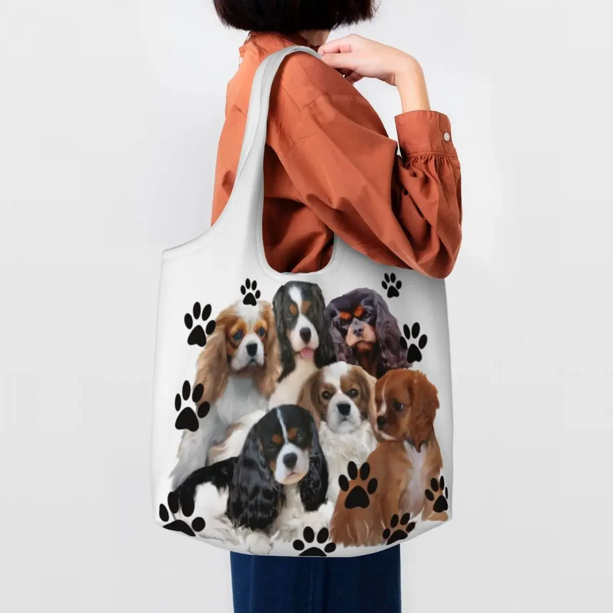 Custom Kawaii Print Cavalier King Charles Spaniel Family Group Shopping Tote Bag Reusable Canvas Shopper Shoulder Dog Handbag