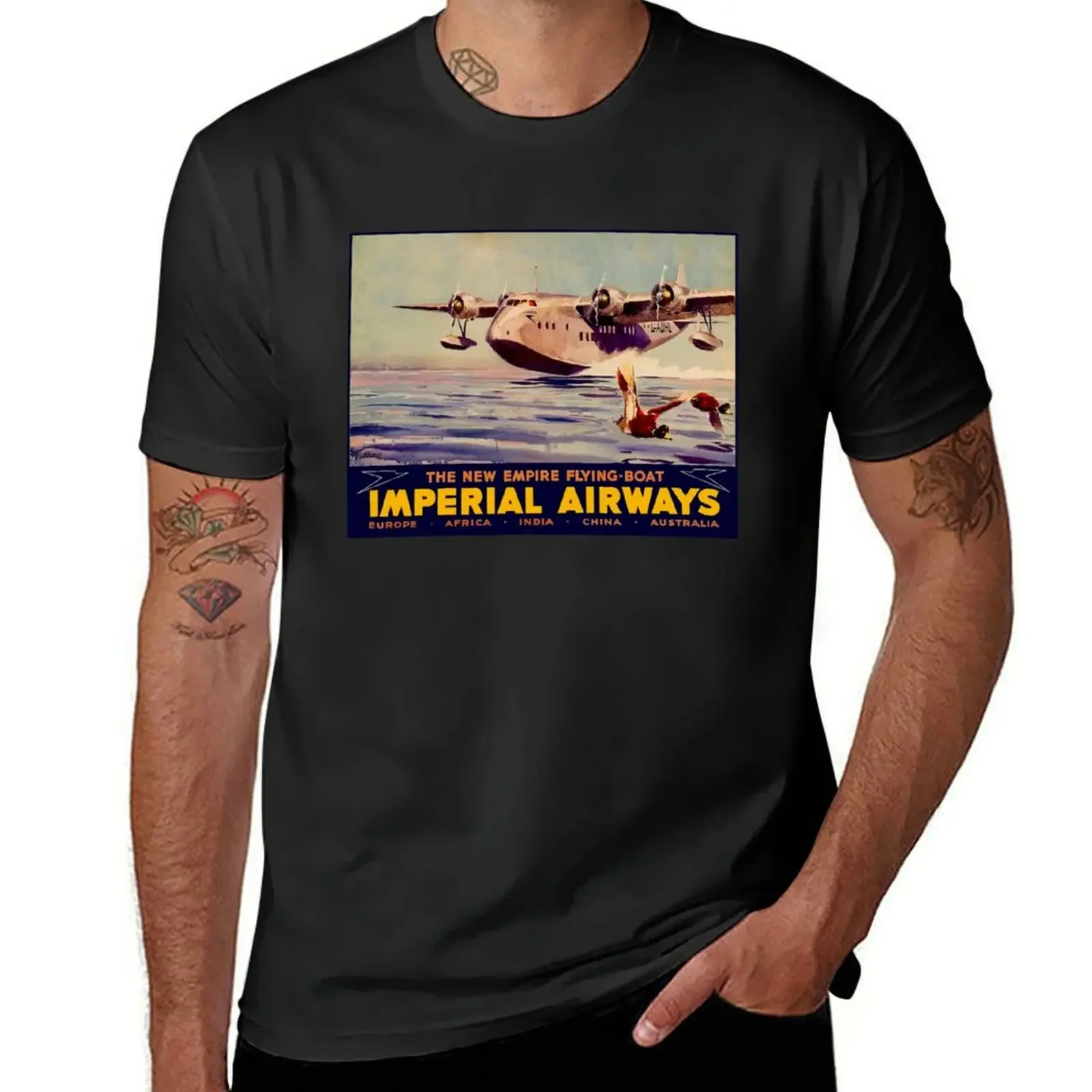 IMPERIAL AIRWAYS : Flying Boat Travel Advertising Print T-Shirt vintage anime shirt mens tall t shirts