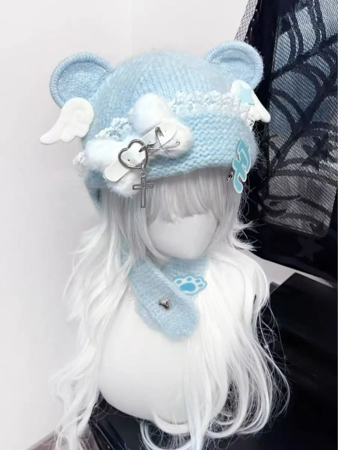 Kawaii اليابانية فتاة قبعة Harajuku الدب قبعات الأذن Y2K القوطية الشرير الخريف الدافئة الدانتيل الملاك الجناح قبعة محبوكة الدفء وشاح قبعة صغيرة