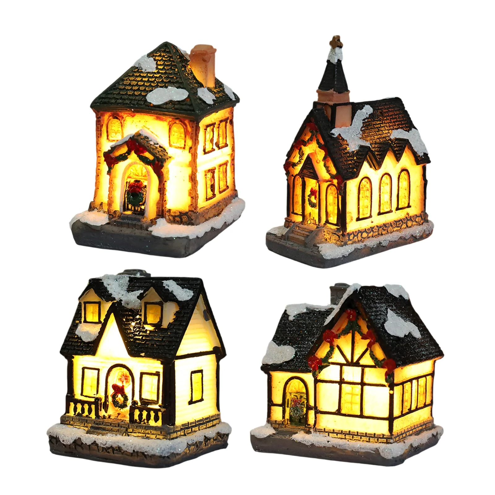 Christmas Village Houses Set Battery Operated Resin Christmas House with LED Light Village Figurines For Tabletop Holiday Decor