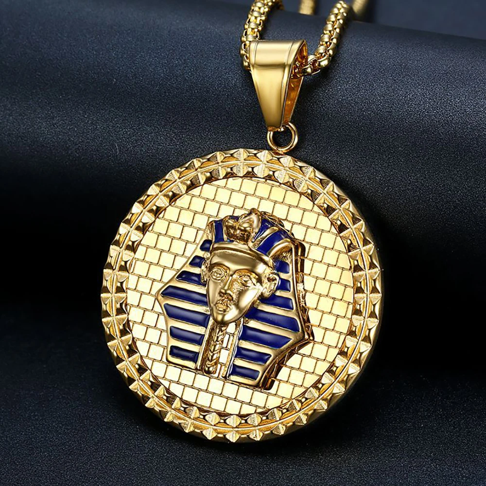 Egyptian Pharaoh Head Pendant Necklaces Male Gold Color Stainless Steel Round Necklace for Men Ancient Egypt Jewelry Gift