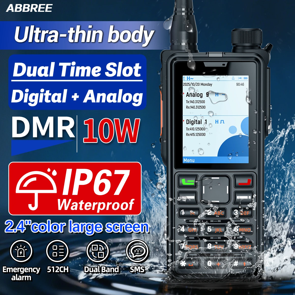 ABBREE AR-880 DMR جهاز اتصال لاسلكي رقمي 10 واط IP67 مقاوم للماء وضع مزدوج تناظري ثنائي النطاق AES256 فتحة زمنية مزدوجة SMS VOX هام راديو #1