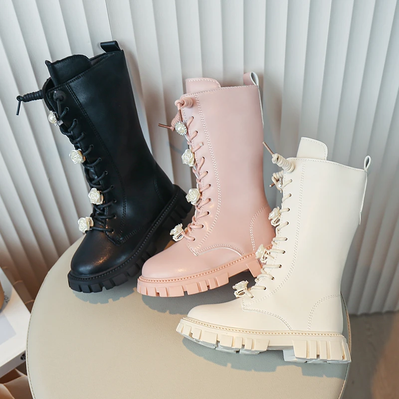 Zapatos Niña Botas 2025 Winter Plus Cottonwarm Fashion Flower Children High Boots Girl Lace Up Princess Leather Boot Kid Shoes
