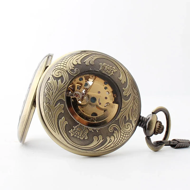 Reloj de bolsillo mecánico automático para hombres y mujeres, Relojes Retro de bronce con cadena Fob