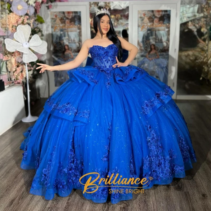 

Royal Blue Shiny Ball Gown Quinceanera Dresses Applique Flower Beading Crystal Bow Tull Corset Off Shoulder Sweet 16 Dress Vesti