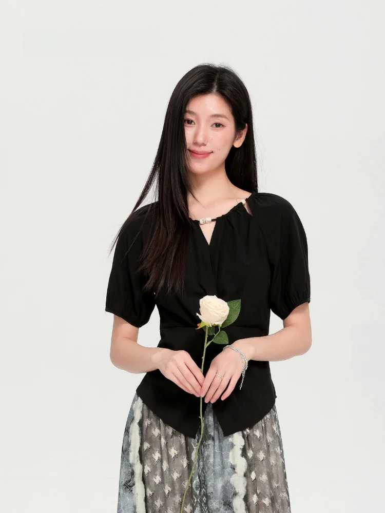 

Dailanzhi Bla irt Design Slimming ort Sve Versatile Top New Summer 2025 Ele Sle Polyester Bamboo Viscose Blend