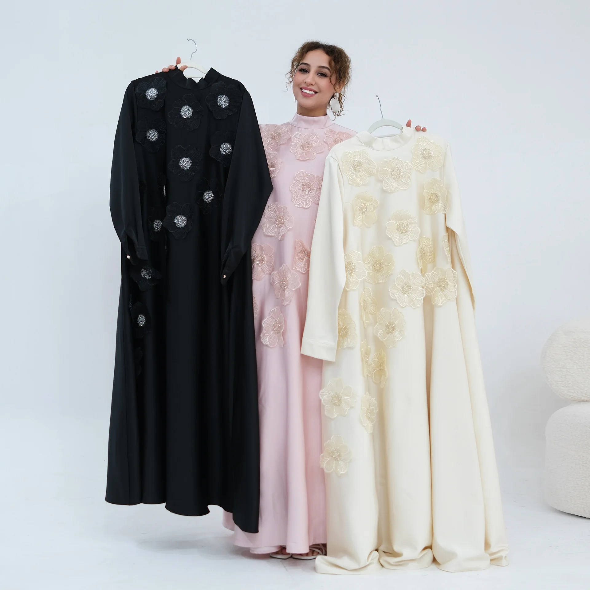 3D Floral Applique Modest Abaya Dress Elegant High Neck Long Sleeve Maxi Dress Women Islam Evening Gown Eid Abayas Muslim Kaftan