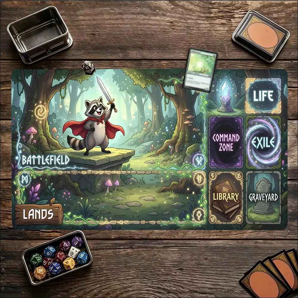 Magic Card Playmat MTG TCG Playmat Cute Cape Hero Raccoon Non-Slip Stitched Edge Gathering Gaming Mats Tapete Magic mat Card Pad