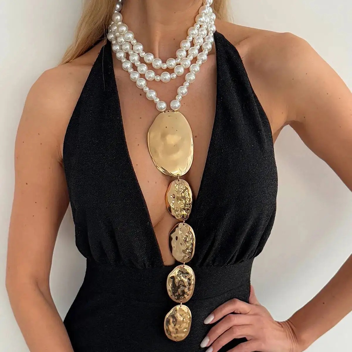 KunJoe Boho Imitation Pearl Beaded Necklace Women Trendy Exaggeration Big Ellipse Metal Pendant Chain Choker Party Charm Jewelry
