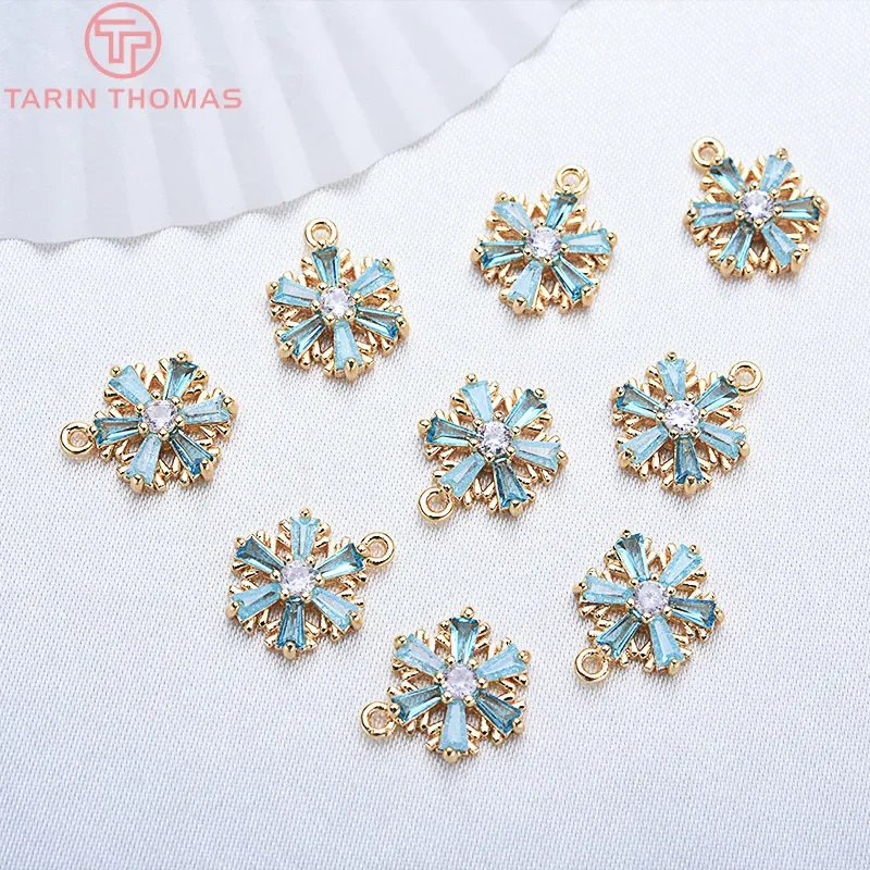 (913)4PCS 13x10MM 24K Gold Color Barss with Zircon Snowflake Charms Pendants Brass With High Quality Diy  Findings Accessories