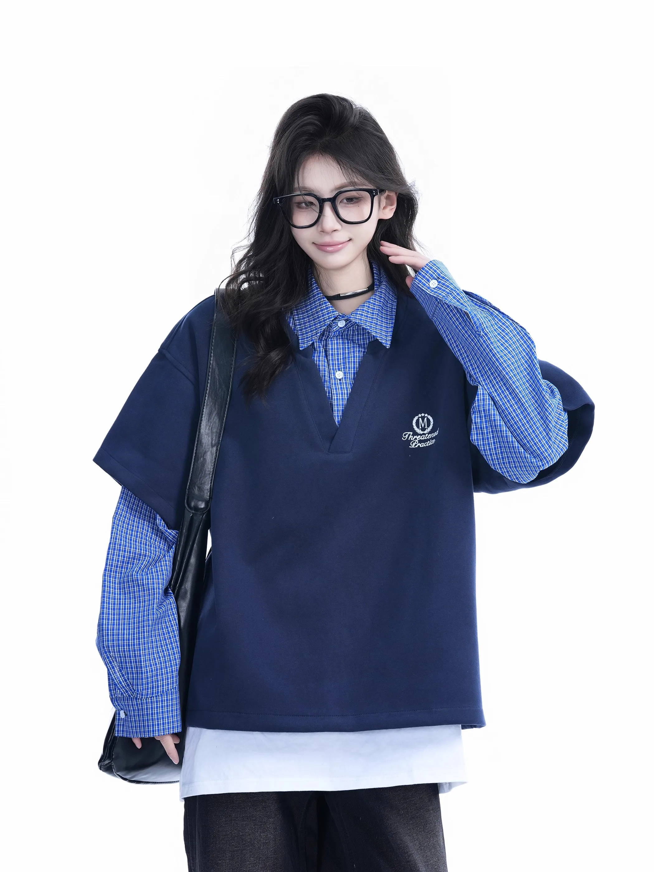 American College Sle Patchwork Fake Two-Piece Sweatirt Casual Long Sve  irt Collar ex Comfortable Fit Hoodie