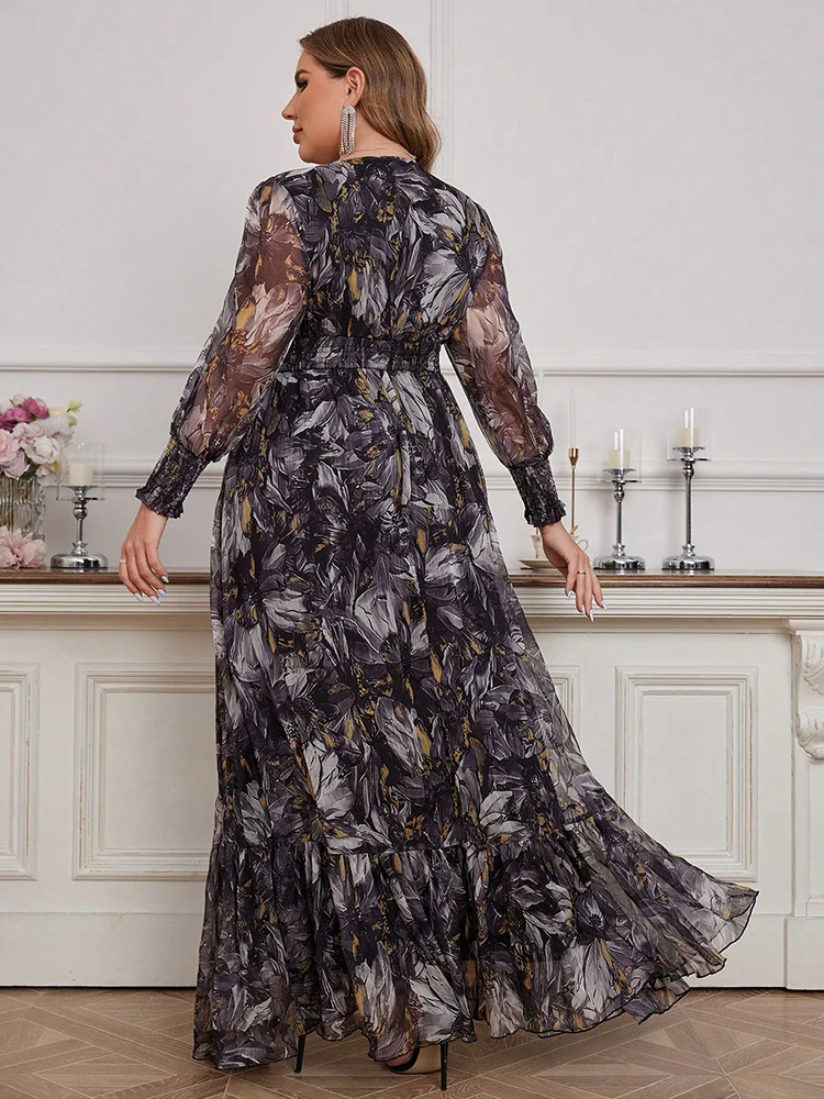 TOLEEN-Women's Floral Print V-Neck Lantern Sleeve Dress, Long Maxi Dresses, Elegant, Spring Summer, Formal Party, Plus Size 2024