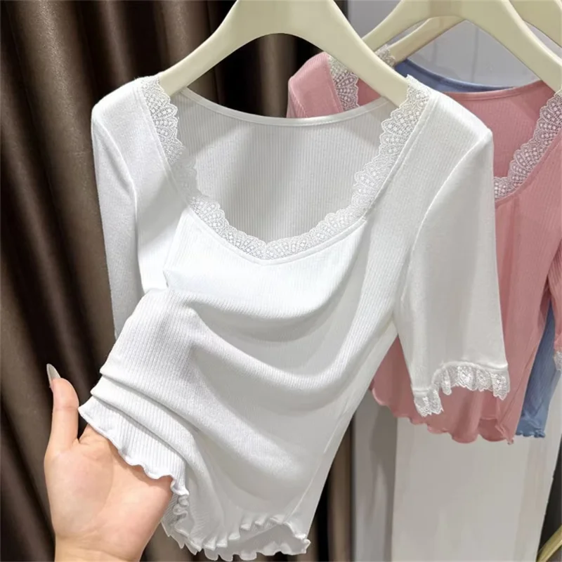 

Square Neck Ruffles Slim Casual Base Layer Tops Korean Summer Fashion Ladies T-shirts Women's Lace Spliced Short Sleeve T-shirt