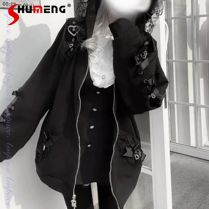 

Y2k Cartoon Cat Ear Ribbon Bow Keychain Hoodie Jacket Top Beautiful Sweet Cute Rojita Zipper Long-sleeves Sweatshirts For Ladies