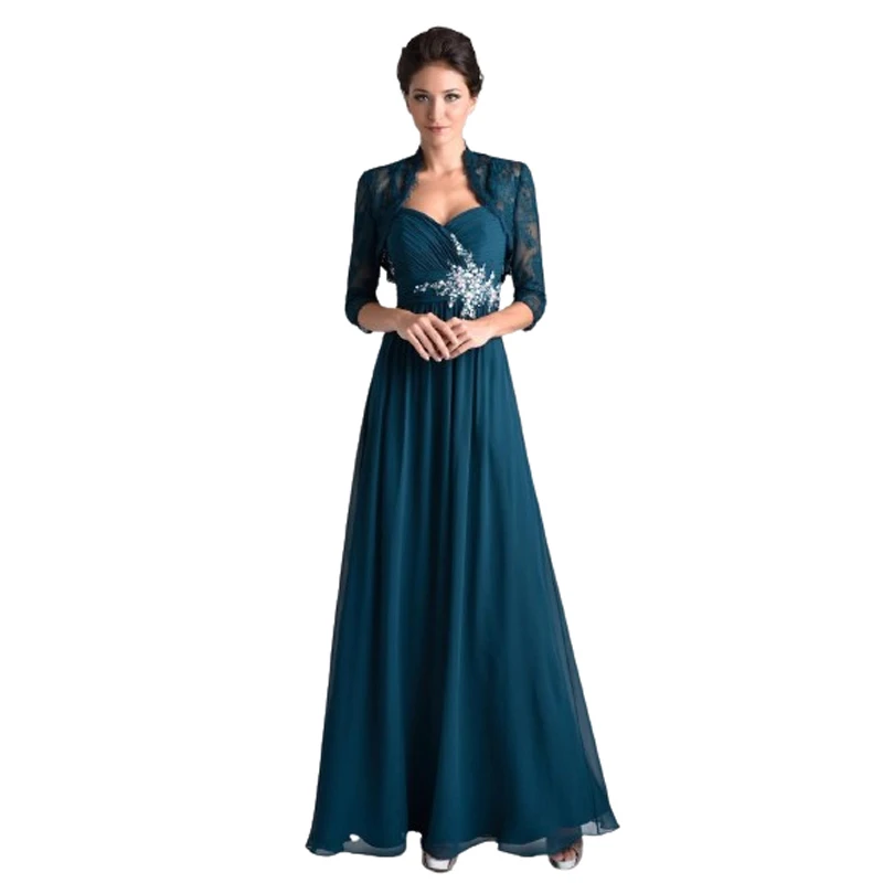 

Elegant Teal Mother of the Bride Long Gown Lace Sleeves Ruched Bodice Flowing Chiffon Skirt With Intricate Beaded Detail Perfect