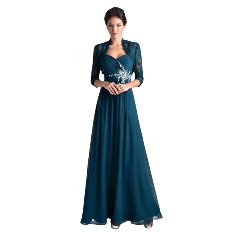 Elegant Teal Mother of the Bride Long Gown Lace Sleeves Ruched Bodice Flowing Chiffon Skirt With Intricate Beaded Detail Perfect