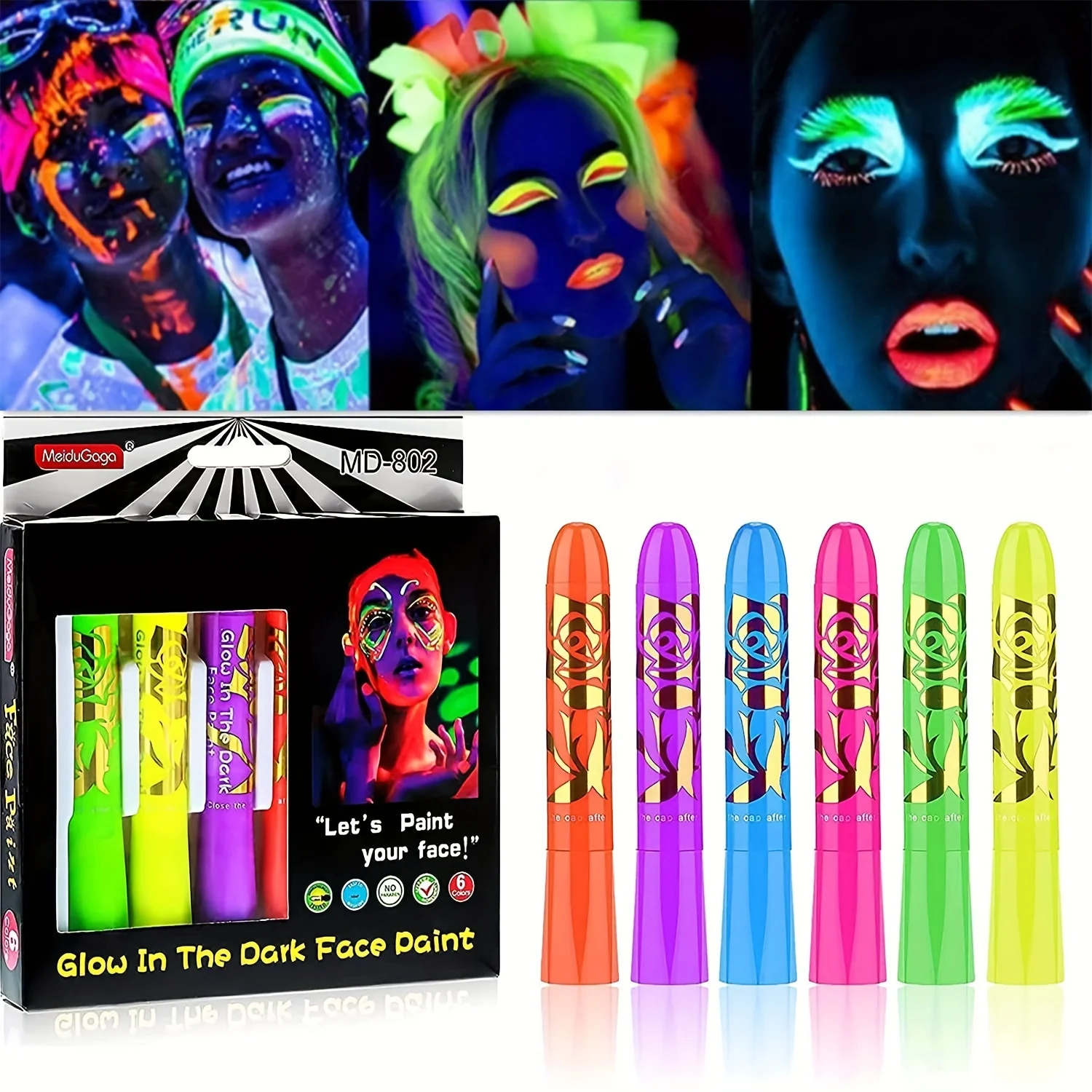 6pcs UV Neon Face Painting Kit,Glow in the Dark Under UV Lights,Black Light Glow Makeup Kit,Washable Water Soluble Face Painting