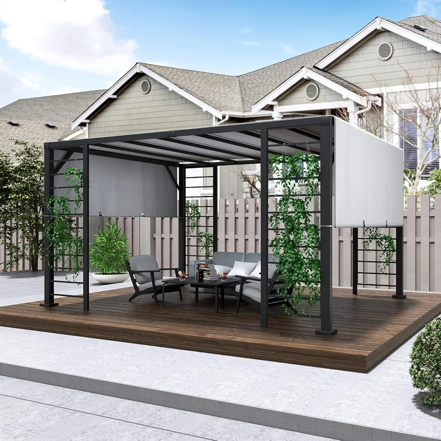 10' X 12' Outdoor Retractable Pergola, Metal Patio Pergola with Retractable Sun Shade Canopy and Aluminum Frame for Patio