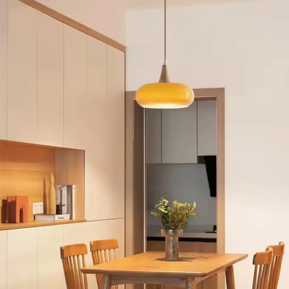 Creative Glass Pendant Lamp Modern Cream Style Solid Wood Pendant Light Dining Table Kitchen Island Cafe Study Pendant Lamp