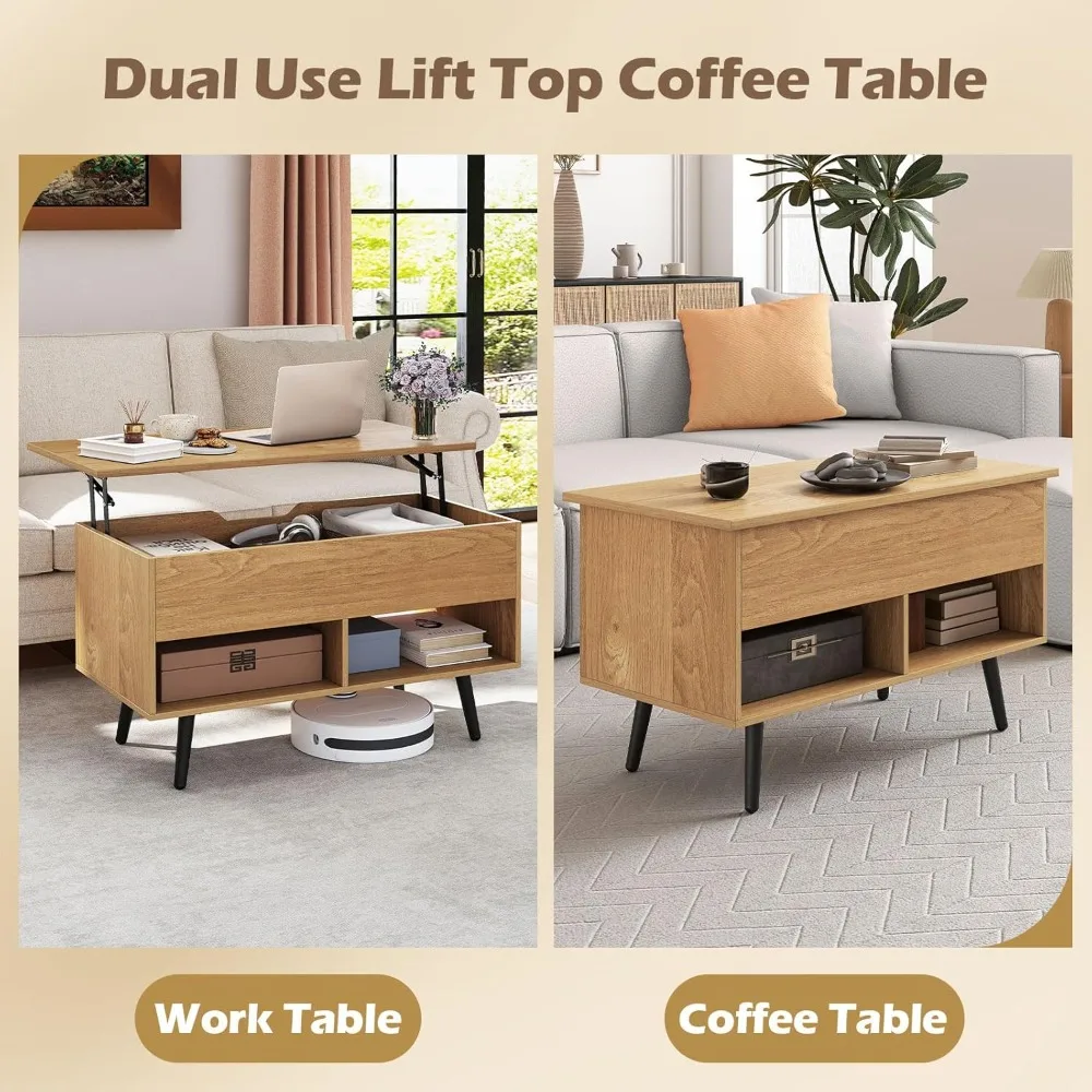Modern Lift Top Coffee Table with Hidden Storage and Two Open Shelves