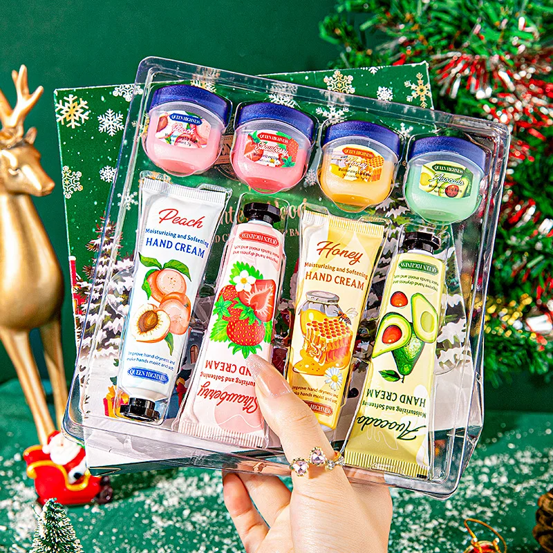 Lip Mask Hand Cream 8Pcs Christmas Gift Set, Fruit Scent Moisturizing Hand Cream Lip Mask Kit, Hydrating Anti-Dry Skincare Set