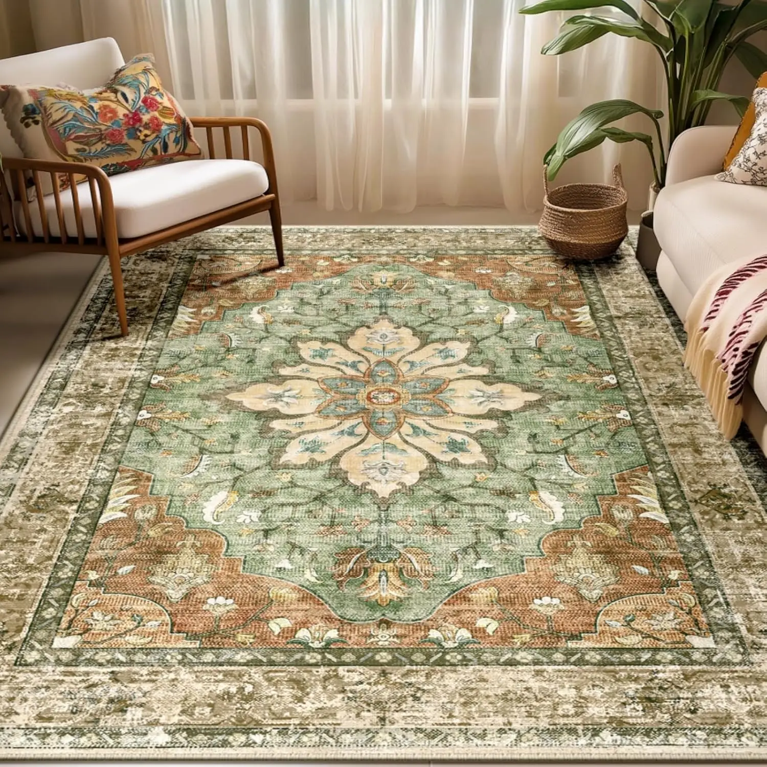

Area RugsWashable Non-Slip, Floral Vintage Distress Print Pattern Medallion Carpet for Living Room Bedroom Dining Room, B