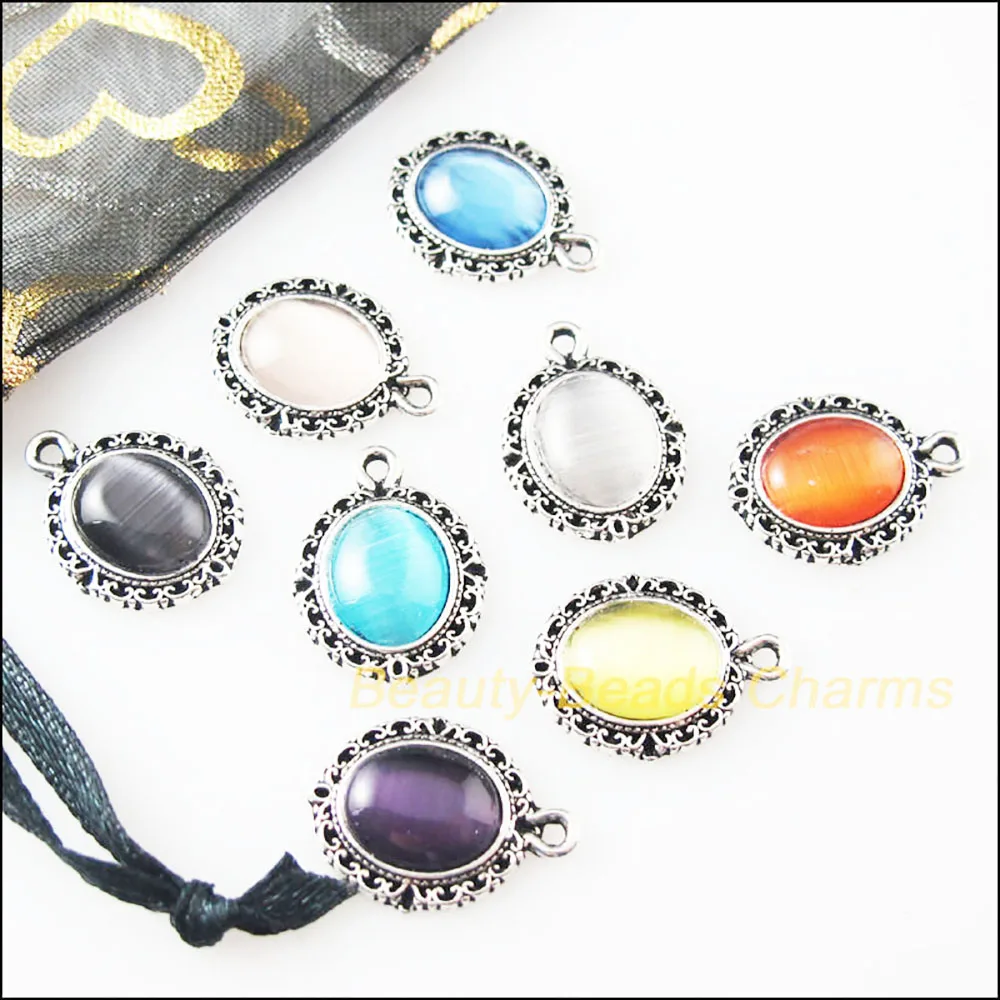 16Pcs Mixed Retro Tibetan Silver Stone Oval Charms Pendants 13.5x18mm