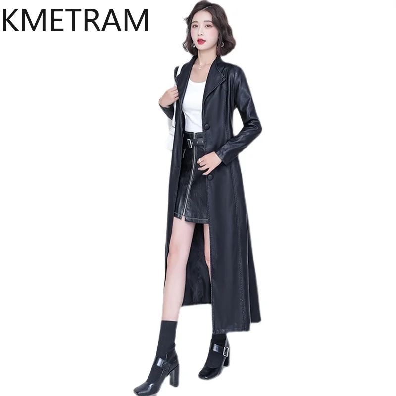 KMETRAM Real Sheepskin Leather Jacket Women Large Size Spring Autumn Long Women's Clothing Overknee Womens Coat 2024 Slim Fit