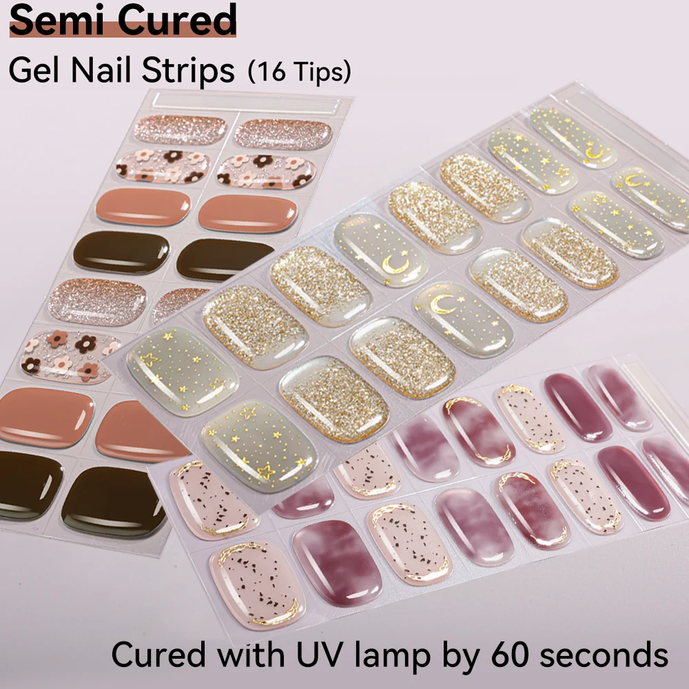16Tips Semi Cured Wraps Fast Gel Nail Sticker Soild Nail Gel Wraps Adhesive Full Cover Gel Nail Decal UV Lamp Cured Manicure Dec