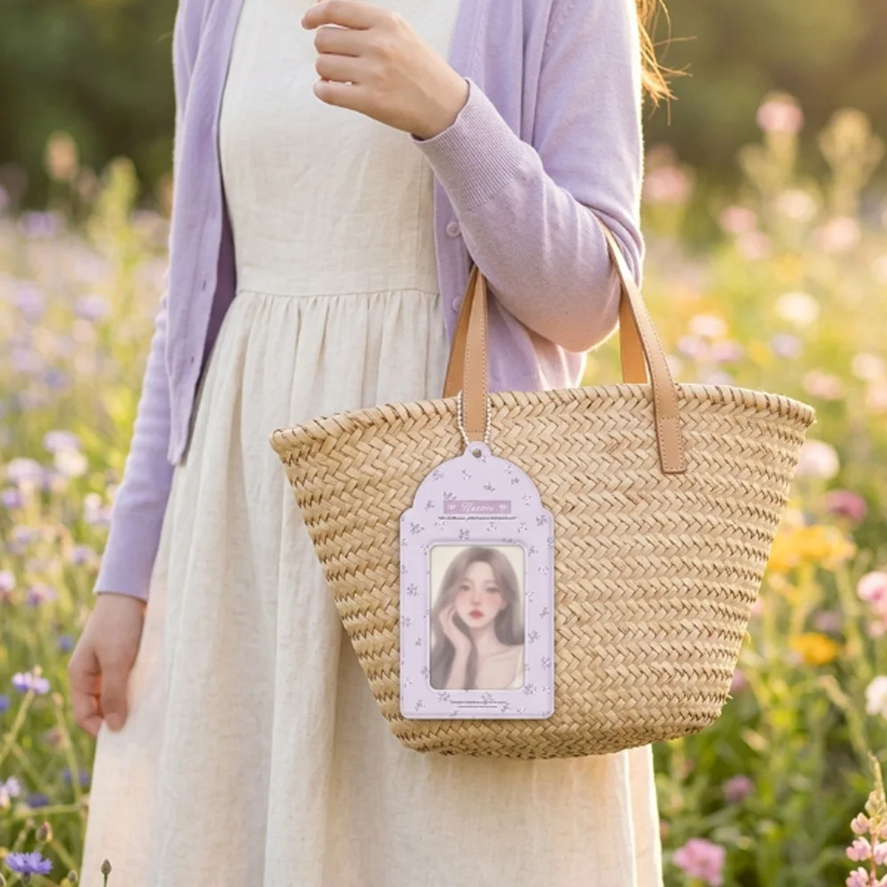 Kpop Idol Photocard Holder Keychain Cute Floral Print Card Cover Storage Bag Polaroid Photo Sleeve Small Pendant Decoration
