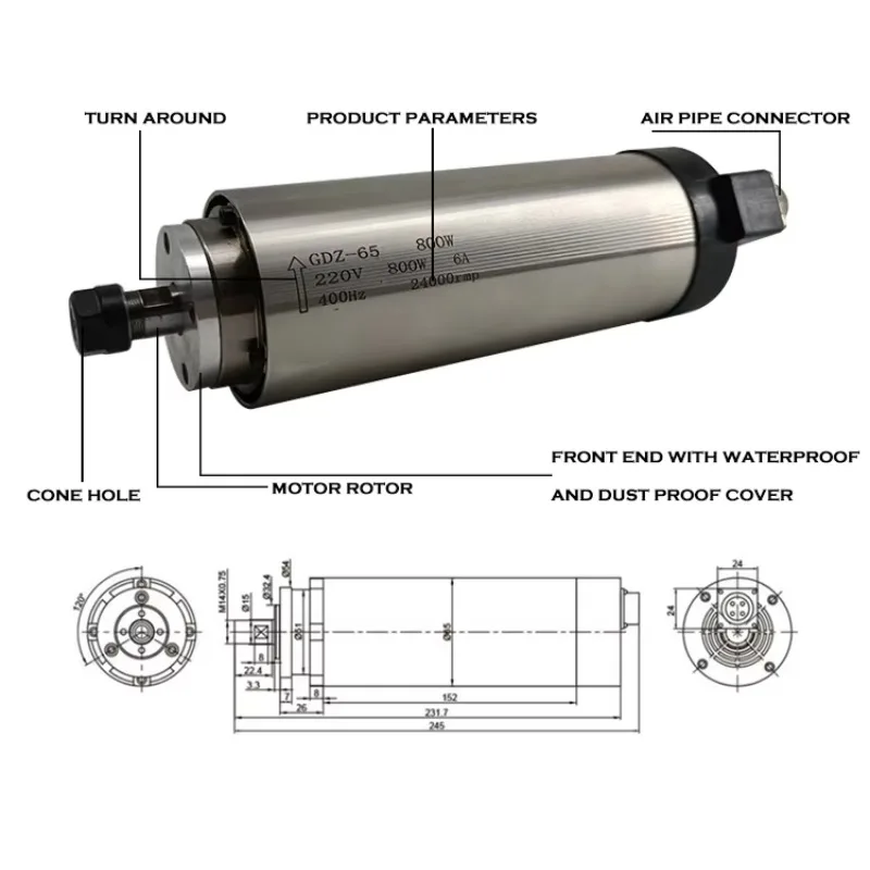 High Quality Mini 65mm Air Cooled Er11 110v 220v 800 Watt Cnc Spindle Motor With Inverter Collet Bracket Set For Cnc Machine