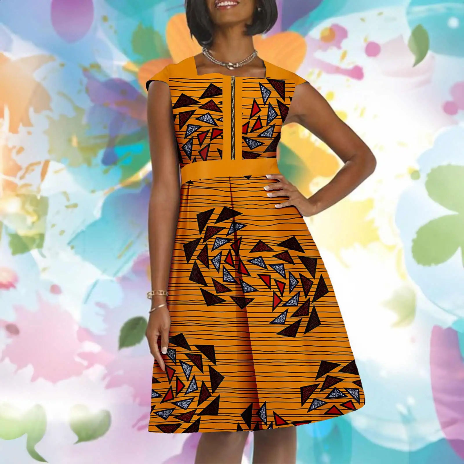 

Africa Ankara Printed Women's Square Neck Loose Dress Clashing Section Chest Zipper 2425077