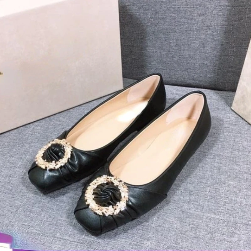 New Diamond Ring Buckle Low-Cut Square Toe Women's Pumps Casual Flat Shoes