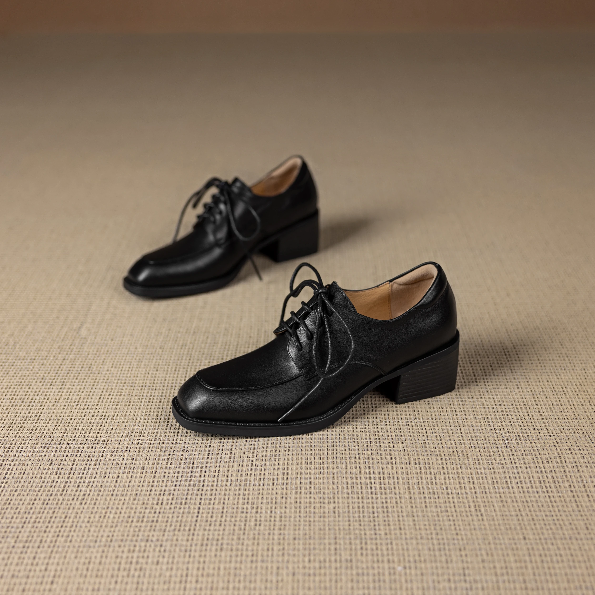 

Women Genuine Leather Lace Up Square Toe Chunky Heel 5cm Dress Shoes Casual Oxford Style Flats