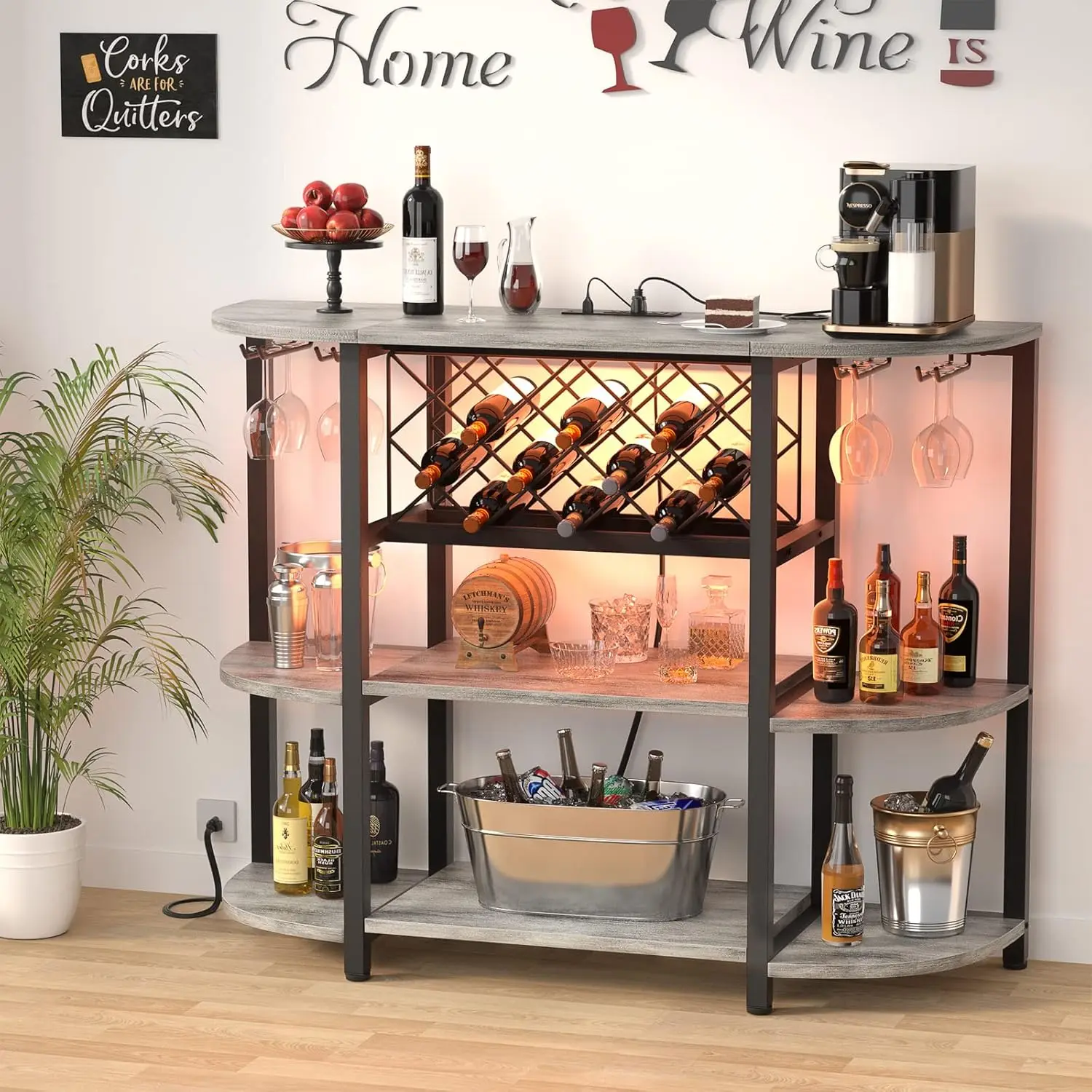 Armário de bar de café de metal de 4 camadas Unikito com tomada e luz LED, mesa de chão autônoma para suporte de vidro de licor, rack de vinho