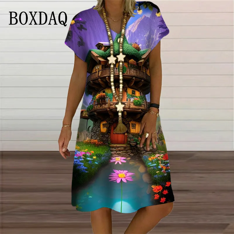 Vintage Floral Print Women Knee-Length Dress Architecture Fantasy 3D Castle Short Sleeve Casual V-Neck Party Dress New Oversized